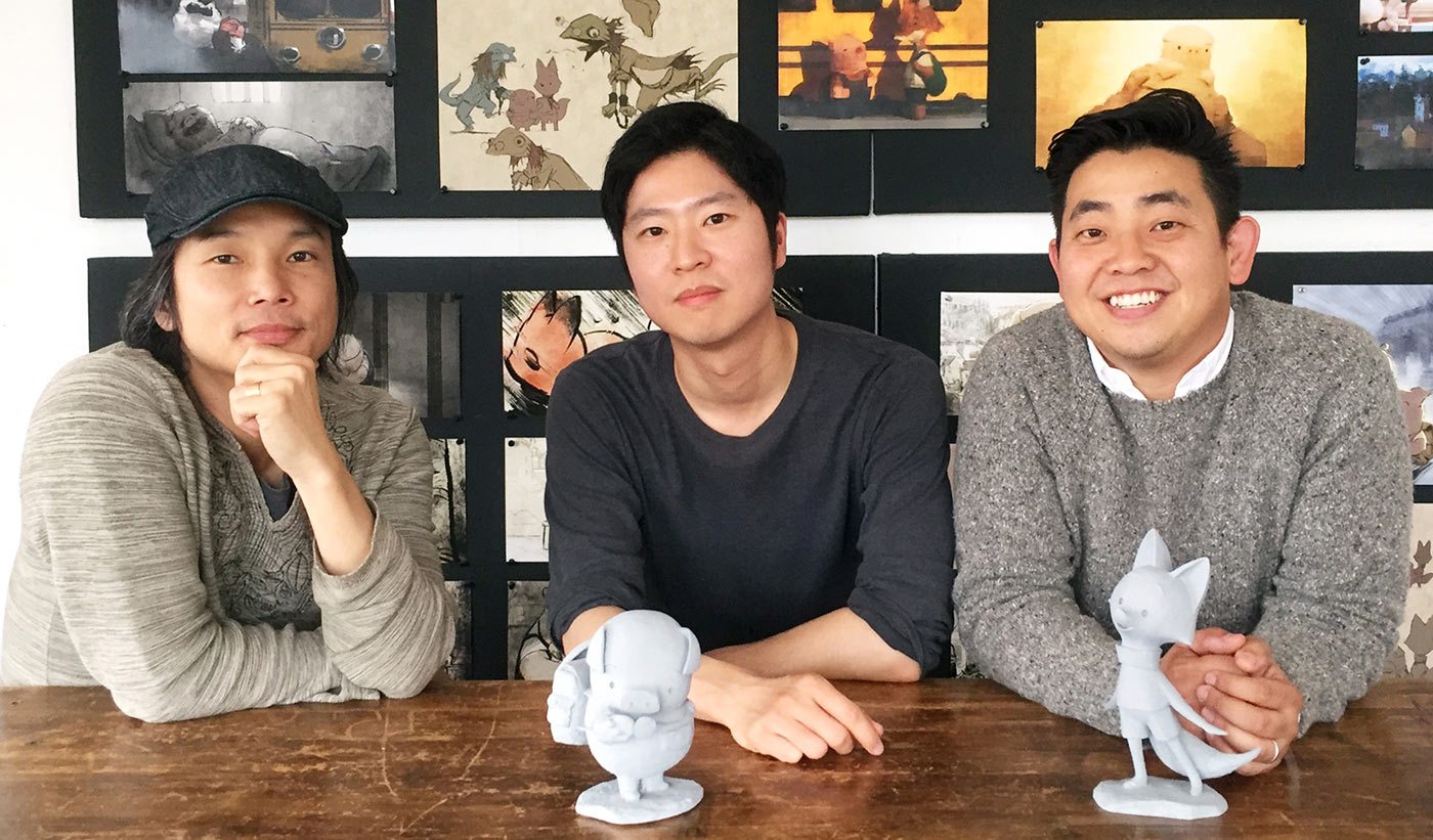Tonko House founders Dice Tsutsumi (left) and Robert Kondo (right), with new "Dam Keeper" series director Erick Oh (center).