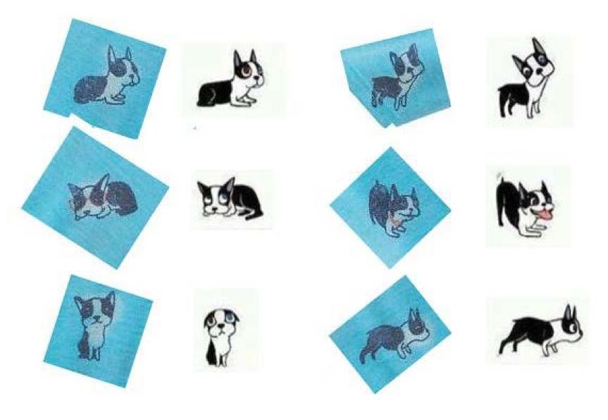 Side-by-side comparisons of Kohl's dog artwork (blue drawings on left) and Chin's drawings (right).