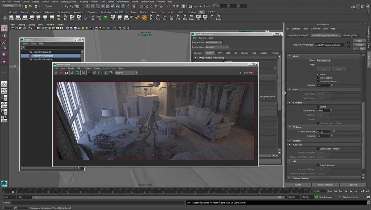 A screenshot of the Redshift renderer during production.