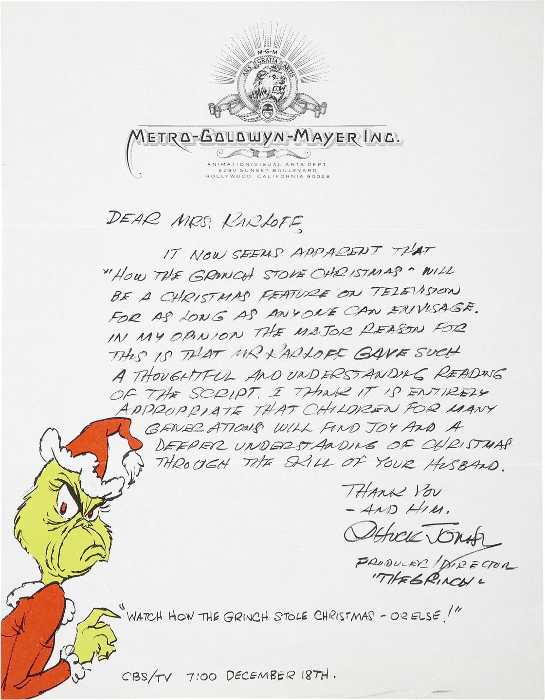 Condolence letter that Chuck Jones wrote to the wife of Boris Karloff, narrator and voice of the Grinch, in 1969.