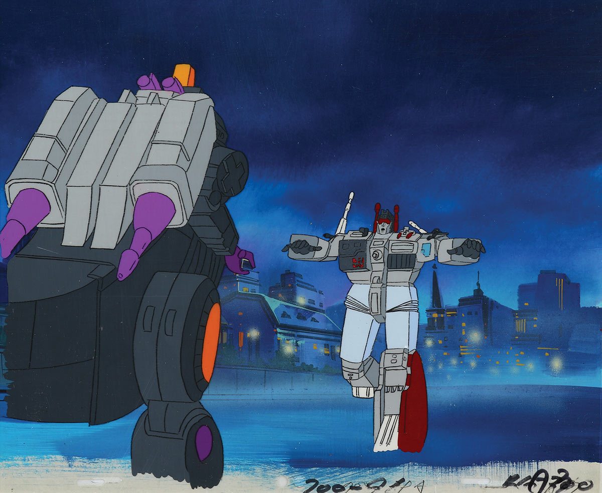 Trypticon vs. Menasor production cel and background from "The Transformers."