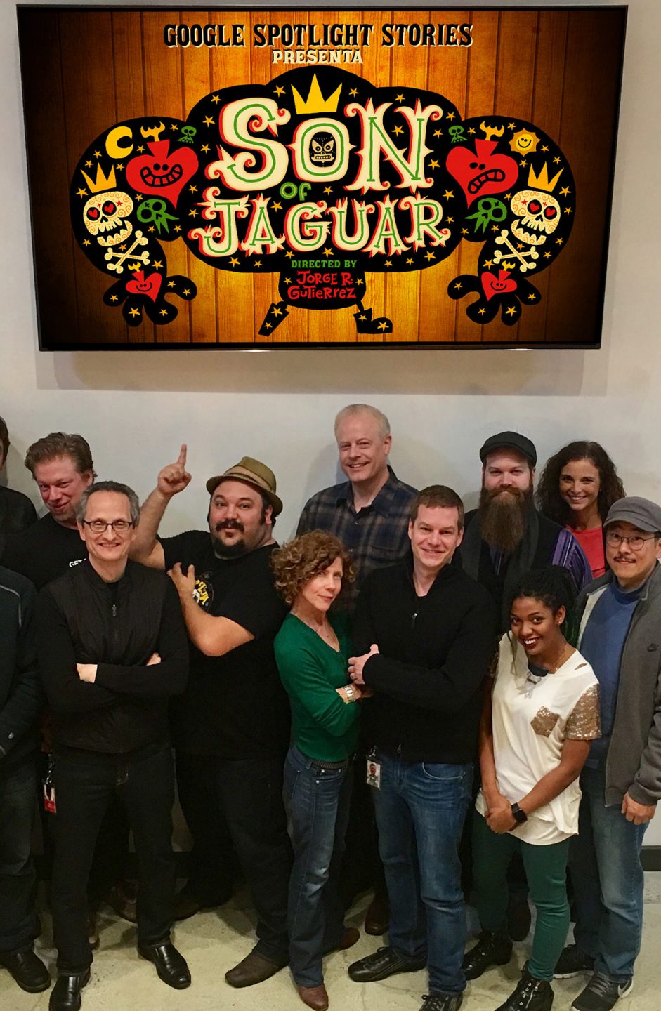 The Google Spotlight Stories team. In front: creative director Jan Pinkava, Jorge Gutierrez (pointing upward), exec producer Karen Dufilho, and "Son of Jaguar" producer David Eisenmann.