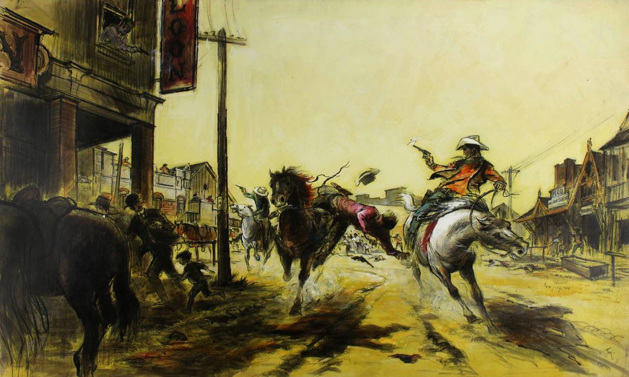 A production design painting that Wong produced for the Warner Bros. film "The Wild Bunch" (1969).