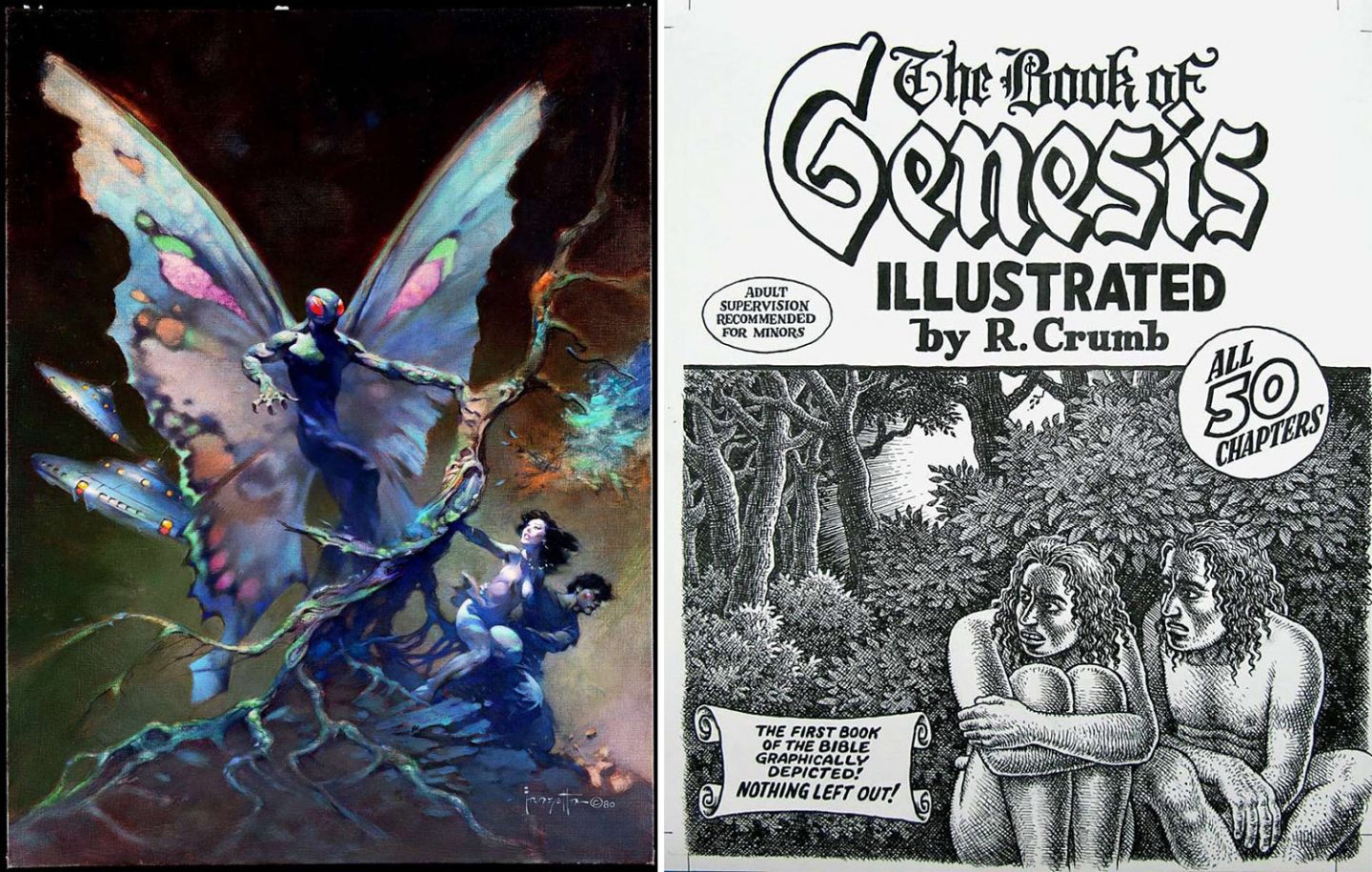 Example of artwork by Frank Frazetta (left) and Robert Crumb that would be part of the museum.