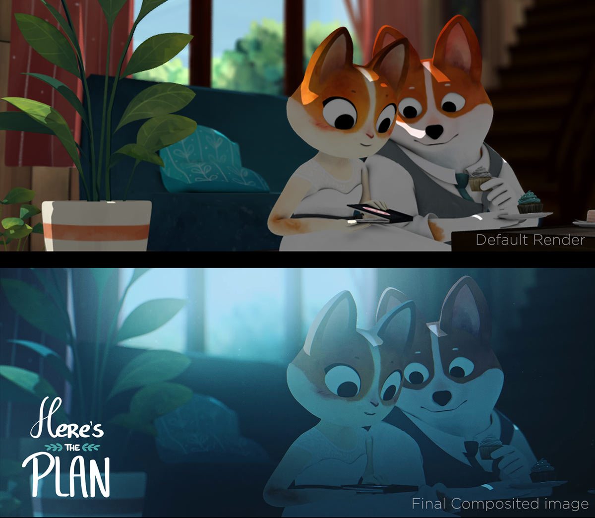 A scene comparison between the default render and the composited image in the finished film.