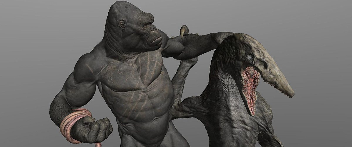 Kong takes on the giant skullcrawler. This frame shows the cg model stage.