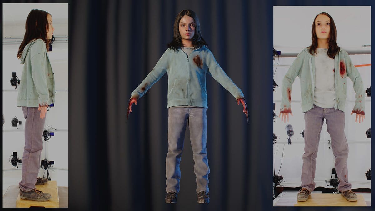 Laura in different clothing being scanned and as a digital double.