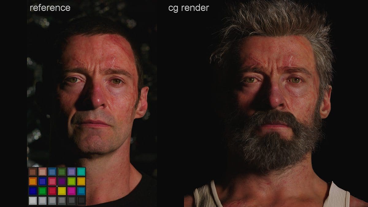 A side by side look at the real Hugh Jackman and his digital Logan counterpart in the lookdev stage.