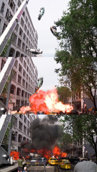 This selection of screengrabs from production b-roll shows real cars being dropped from cranes.