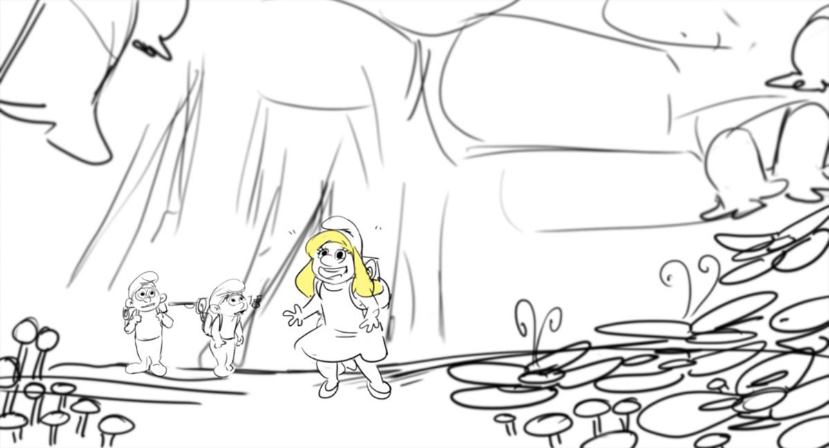 A storyboard for Smurfette and her friends' arrival into the Forbidden Forest. Storyboard by Sharon Bridgeman.