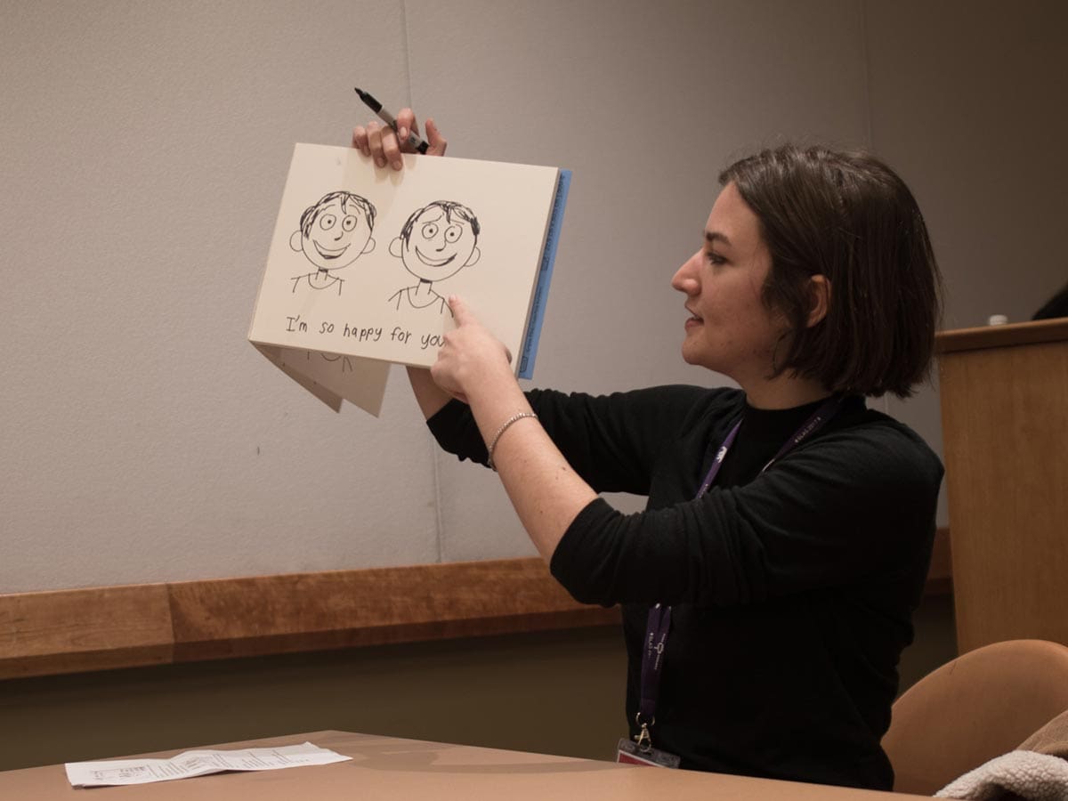 Pixar story artist Madeline Sharafian explains how a few strategic lines can completely change the meaning of an expression. Photo: Thom Parks.