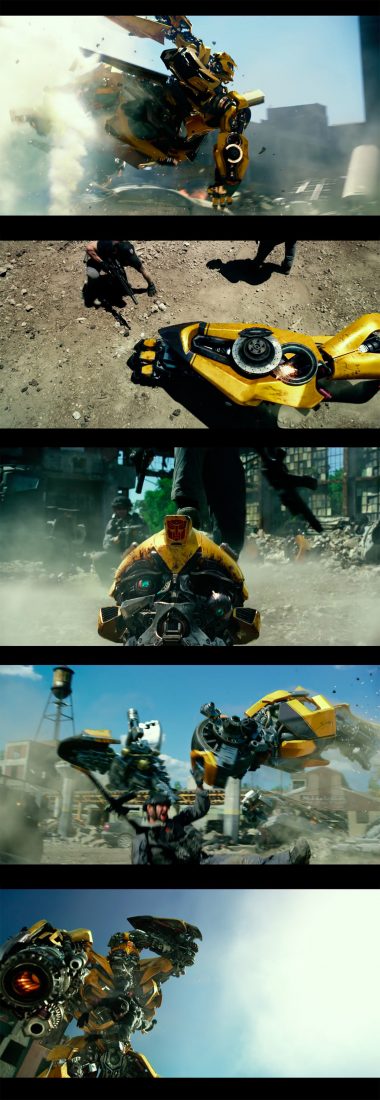 Screenshots showing the different pieces Bumblebee breaks into before his re-assembly.