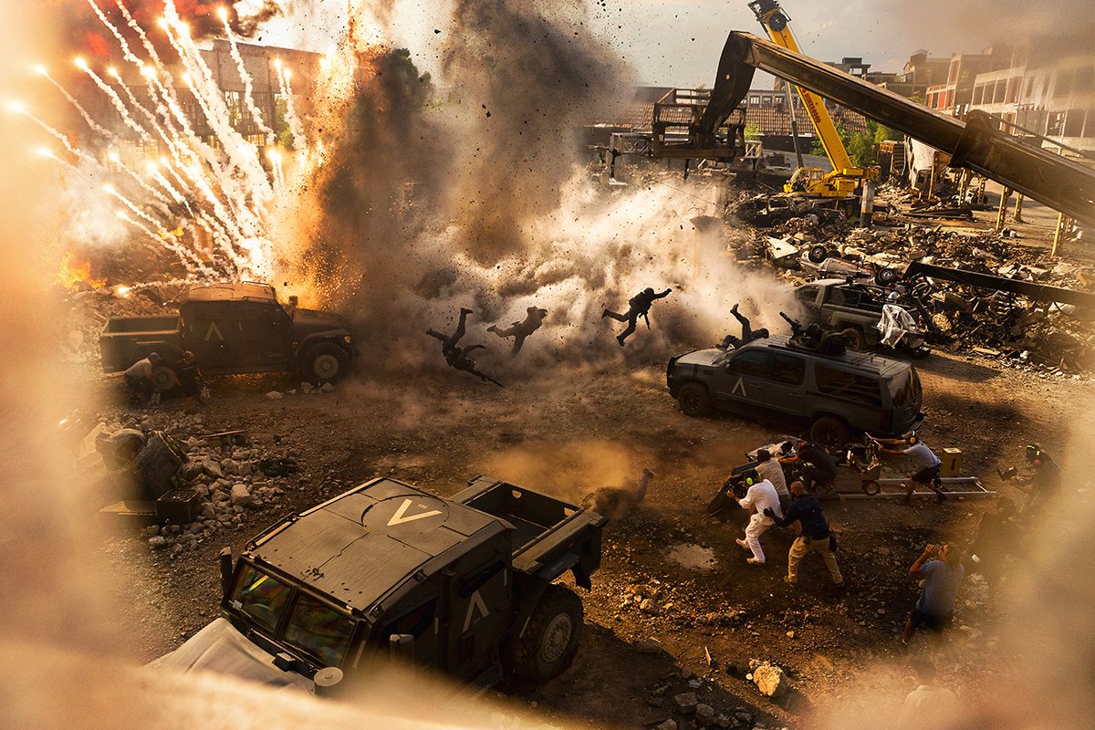 On the set of 'The Last Knight' for the Bumblebee transformation scene, which featured real explosions and special effects.