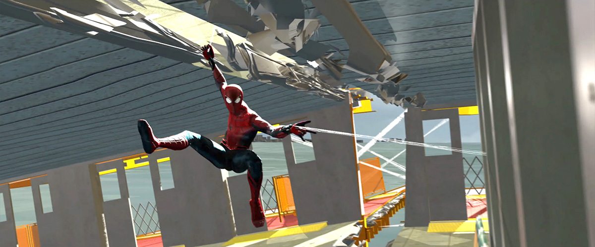 A previs frame from The Third Floor shows Spider-Man struggling to 'web' together the ferry.