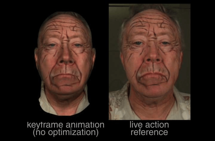 A comparison of the live-action reference with a marked up face, and the frame-by-frame animation of the cg mode - the Hirokimation approach.