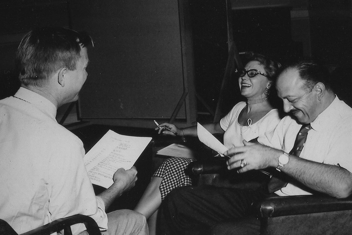 June Foray at a Warner Bros. recording session with Chuck Jones (left) and Mel Blanc, ca. mid-1950s.