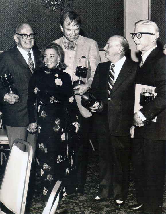June Foray with (l. to r.) Tex Avery, Chuck Jones, Friz Freleng, and Art Babbitt at the 3rd Annie Awards ceremony, 1974.