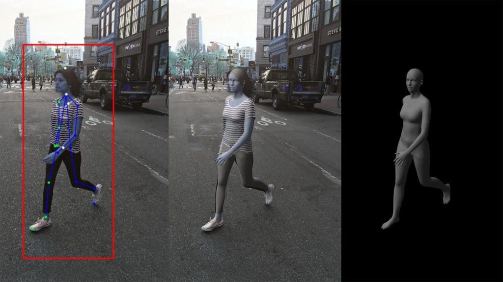 This image illustrates how a human performer's body is analyzed and taken over by a CG avatar.
