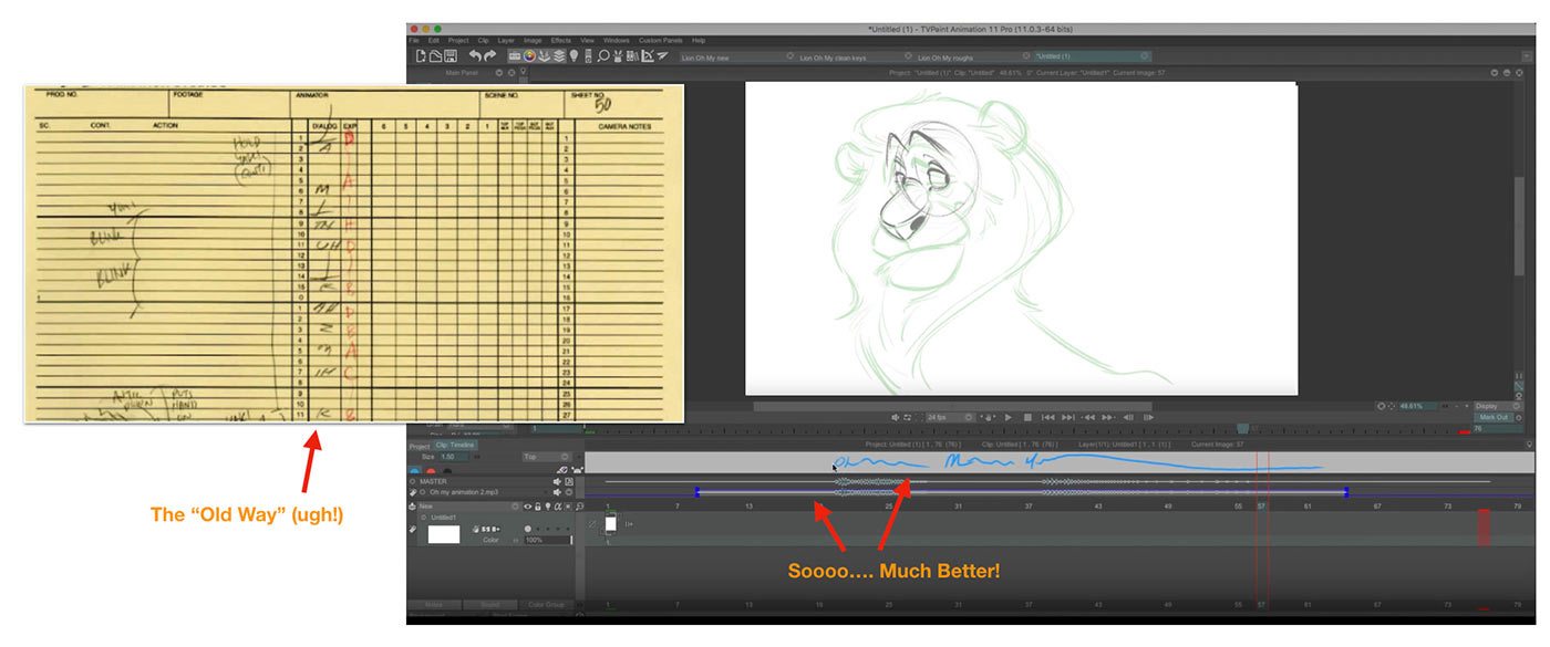 An exposure sheet (or 'dope sheet') vs. TVPaint.