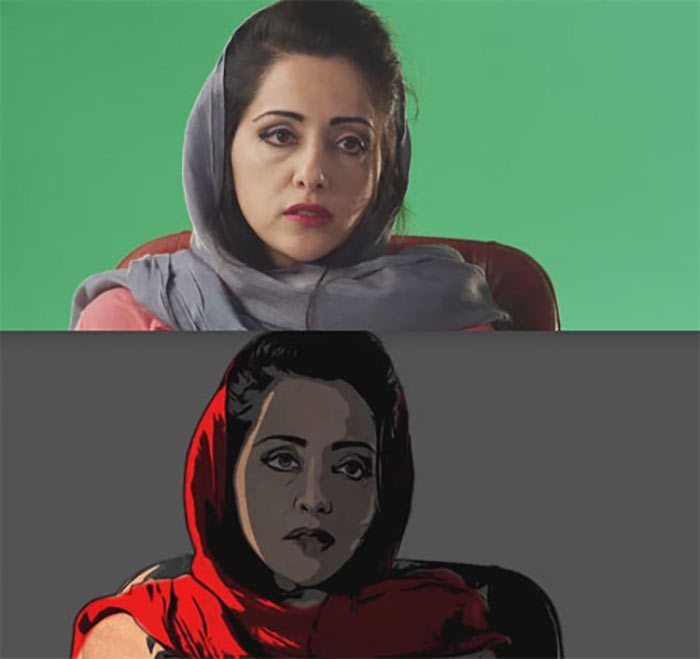 Comparison between greenscreen and final film frame.
