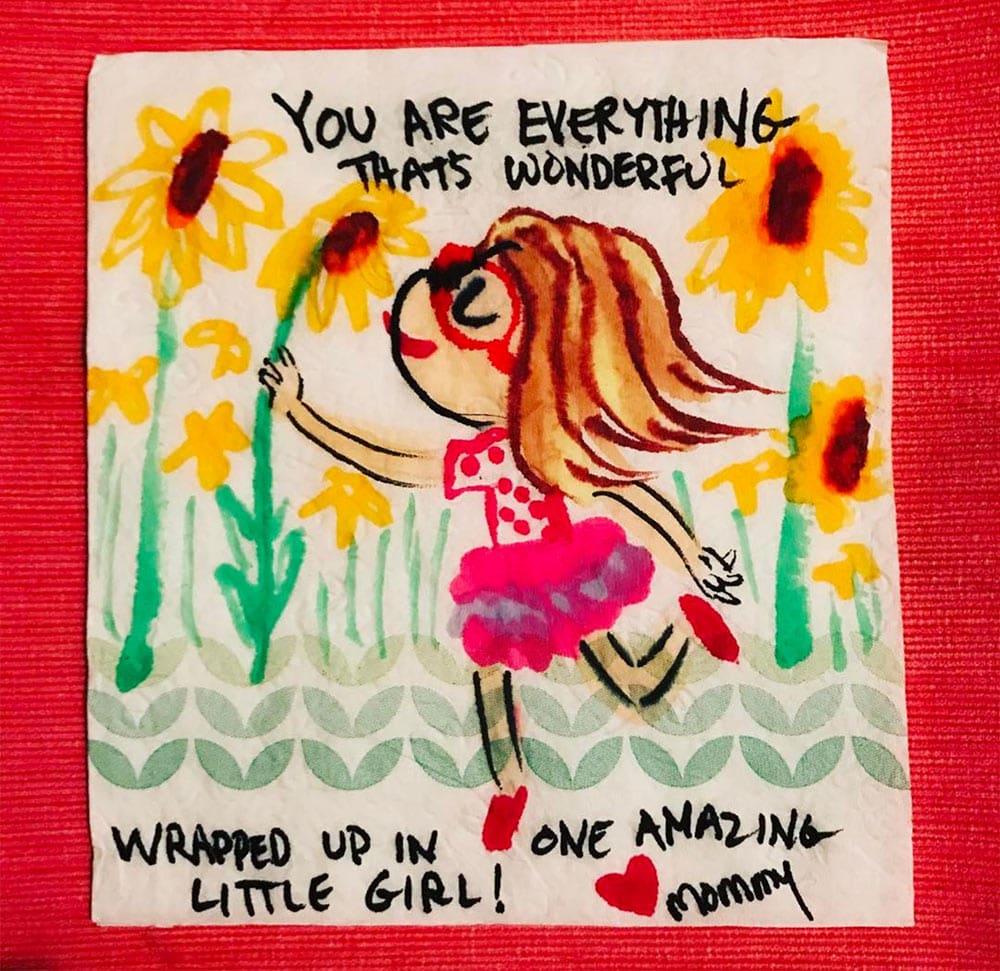 A ‘napkin doodle’ by Aliki Theofilopoulos. She makes them regularly and includes them in her kids’ lunch boxes.