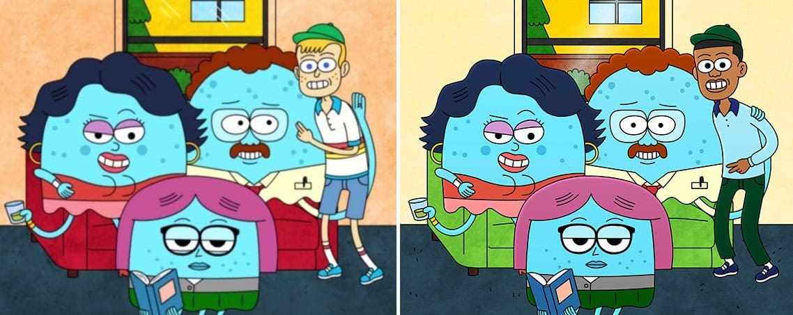 The lead character, Cornell Jelly, white in the original webcartoon (l), switched to black for the Adult Swim series (r).