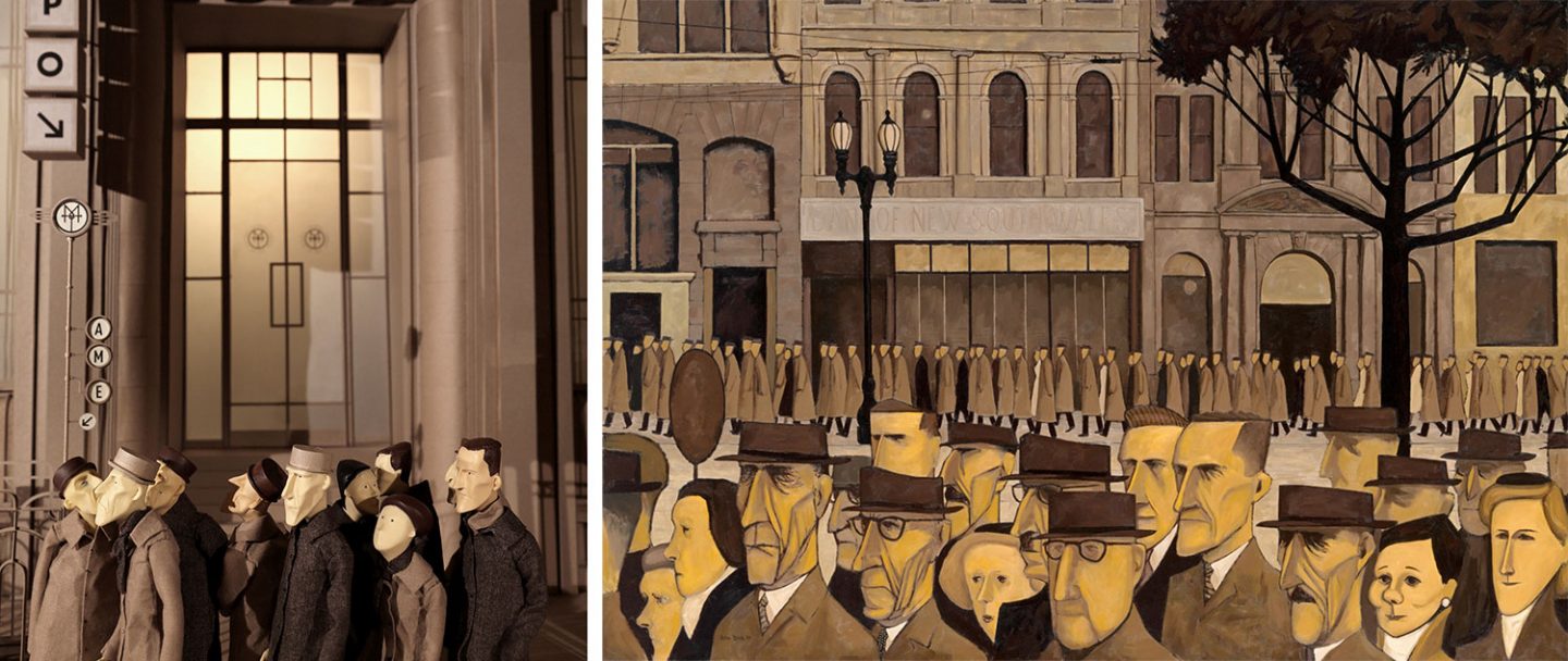 The film, left, drew visual inspiration from fine artists, like John Brack and his painting "Collins St., 5 pm," pictured right.