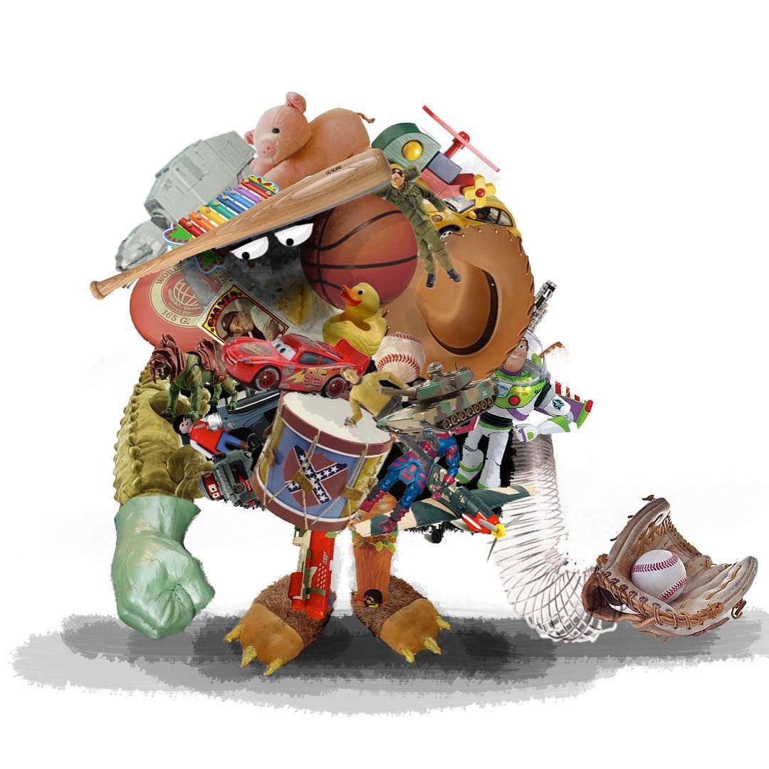 Early photo-collage design of Lou by Dave Mullins. In the short's initial concept, Mullins says, a kid existed underneath the toys. This design reflects that original conception of the story.