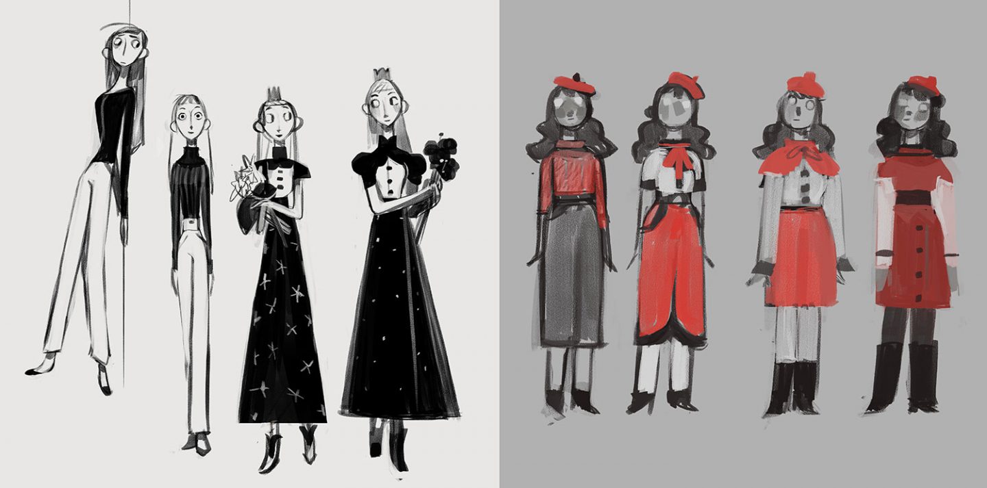 Early costume concepts for Snow White and Red by Nadya Mira.
