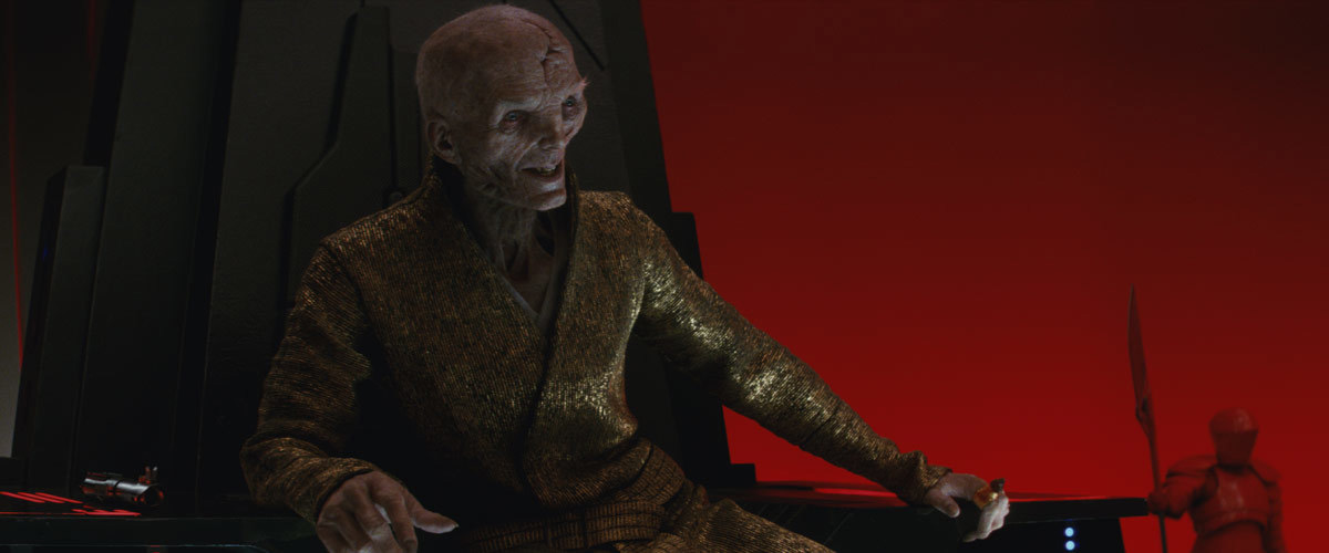 Snoke in his throne room in a scene from "The Last Jedi." Image: starwars.com.