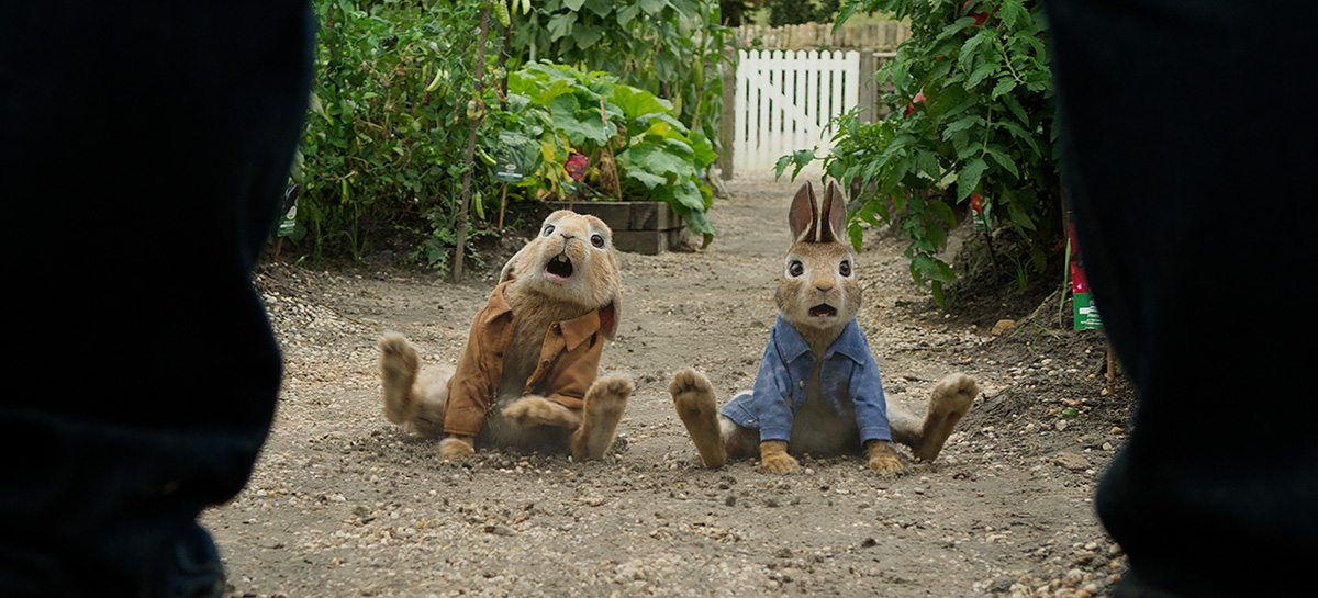 Benjamin (voiced by Colin Moody) and Peter Rabbit (voiced by James Corden).