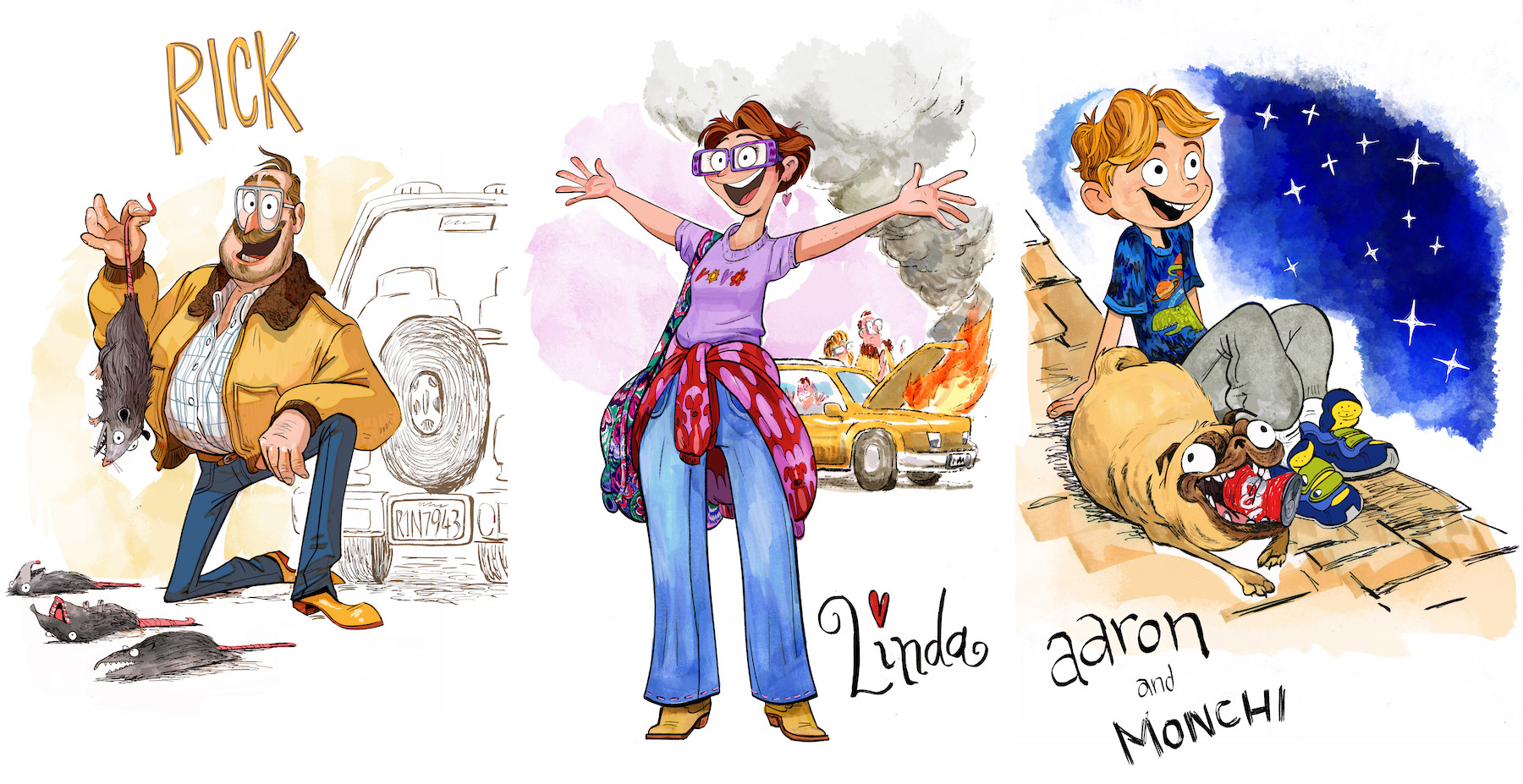 colorful concept art showing the dad with dead rodents, the mom smiling despite the car being on fire, and Aaron and Monchi the dog on the roof