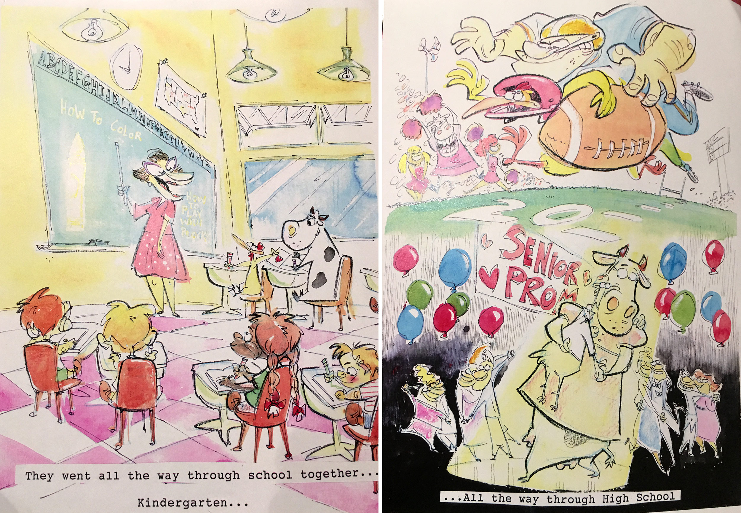 Pages from the <em>Cow and Chicken</em> storybook that Feiss used to pitch the series.