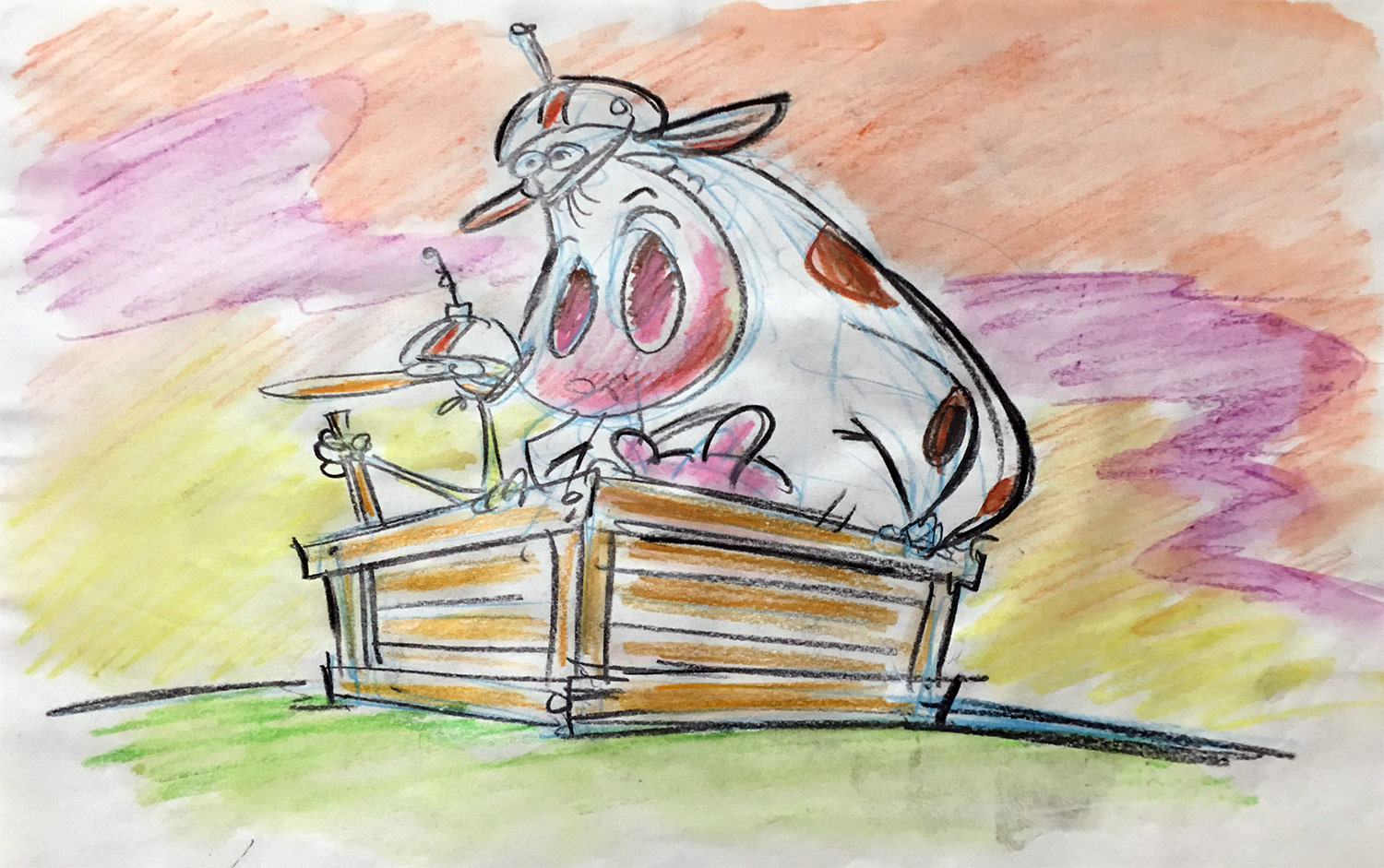 Early Cow and Chicken development sketch.
