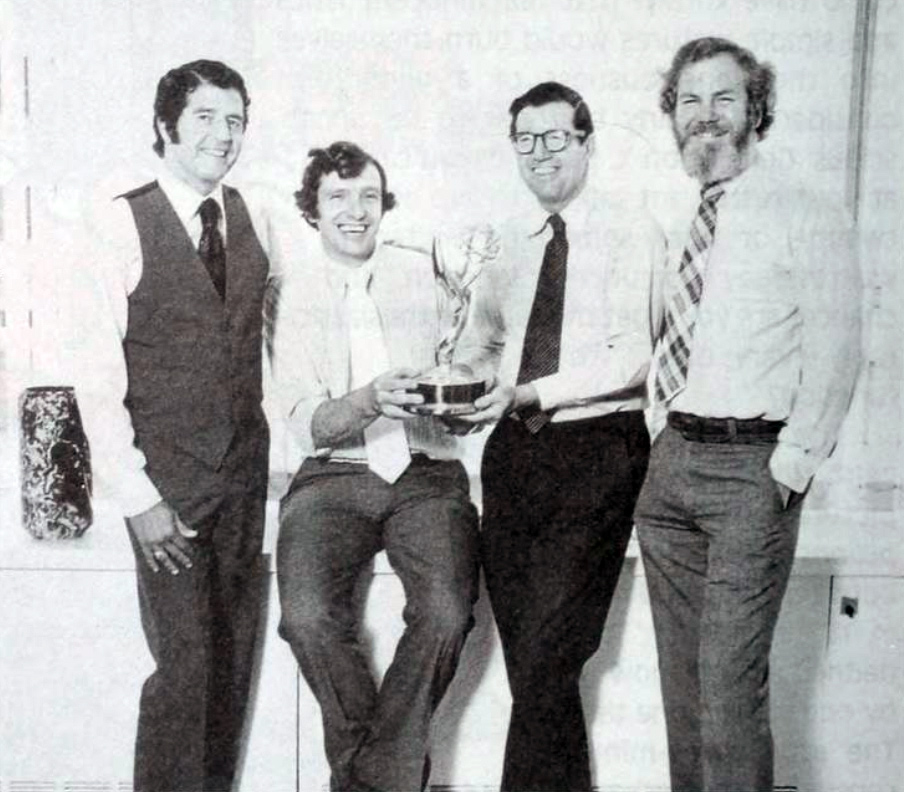 <em>Schoolhouse Rock!</em> creators (l-to-r) Radford Stone, George Newall, David McCall, and Tom Yohe, celebrating their second Emmy win.