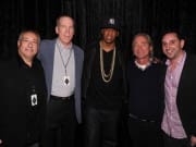 (L-R) Adult Swim/Cartoon Network President and COO Stu Snyder, EVP/GM for Cartoon Network Ad Sales & Marketing John Oâ€™Hara, performer/entrepreneur Jay-Z, Adult Swim SVP programming and production Mike Lazzo, and SVP of Ad Sales Josh Feldman attend the Adult Swim Upfront 2011 at The Roseland Ballroom in New York City.