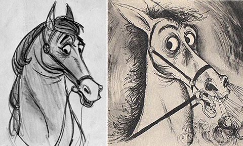 The influence of Ronald Searle in animated film has been widely felt for the last half century. The design of Samson in Disney's Sleeping Beauty (left) was based on Searle's horses (right). When Searle saw the drawings of Samson, he looked at the designer Tom Oreb and said, "My horse."