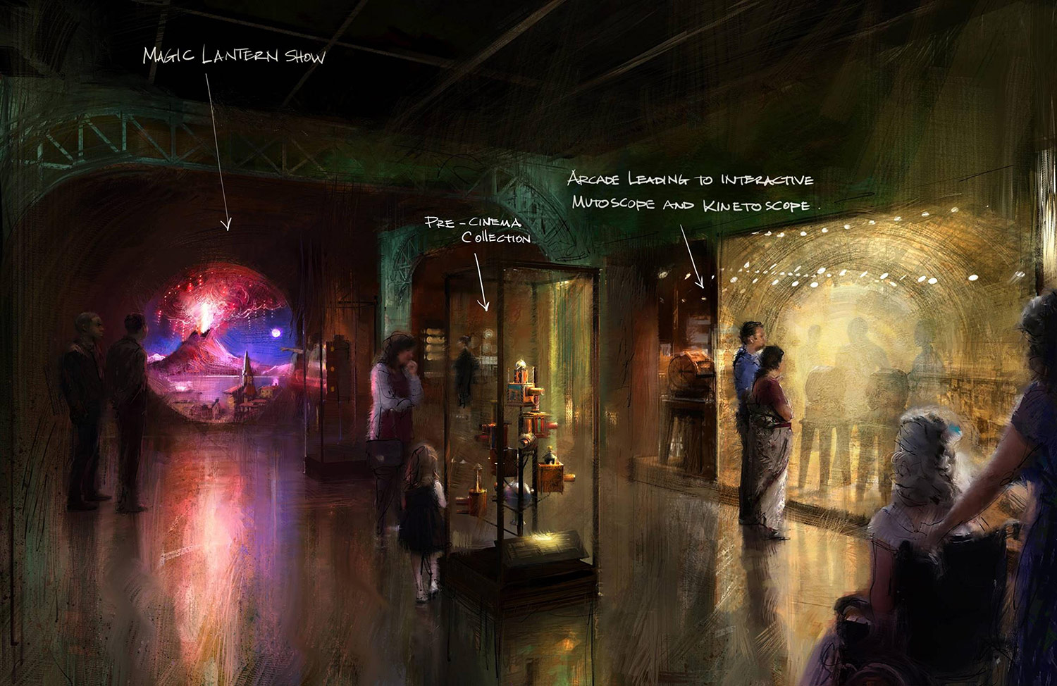Concept painting by Erik Tiemens of the "Where Dreams Are Made" exhibit.