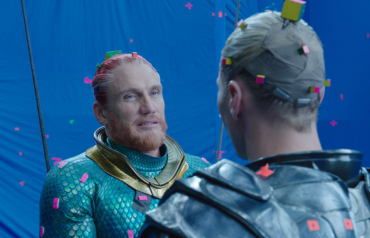 Dolph Lundgren as King Nereus (left) and Patrick Wilson as King Orm perform a scene against bluescreen with tracking markers placed on their hairlines.