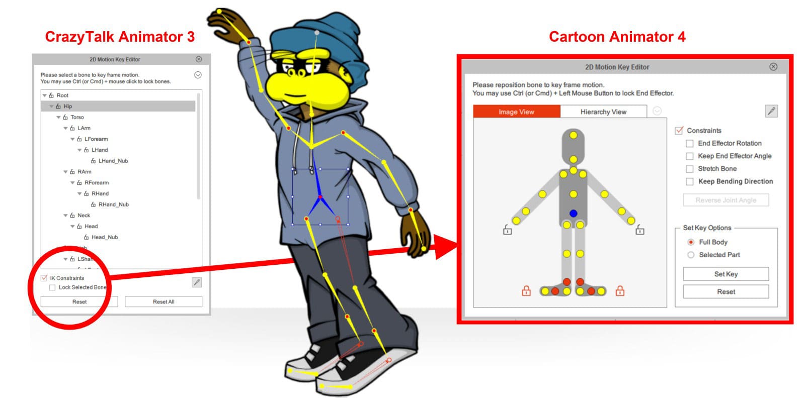 CrazyTalk Animator 3's IK constraints checkbox is expanded with more options in Cartoon Animator 4.