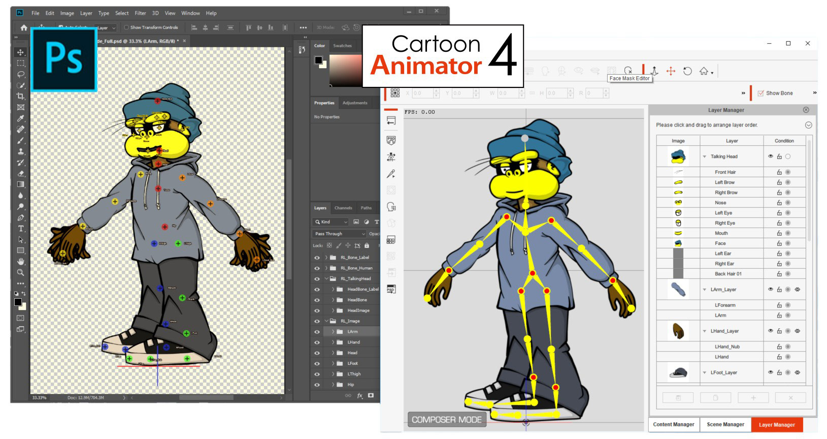 Cartoon Animator makes it easy to create and rig your characters with Photoshop templates for standard character types, which can then be imported directly into the application.