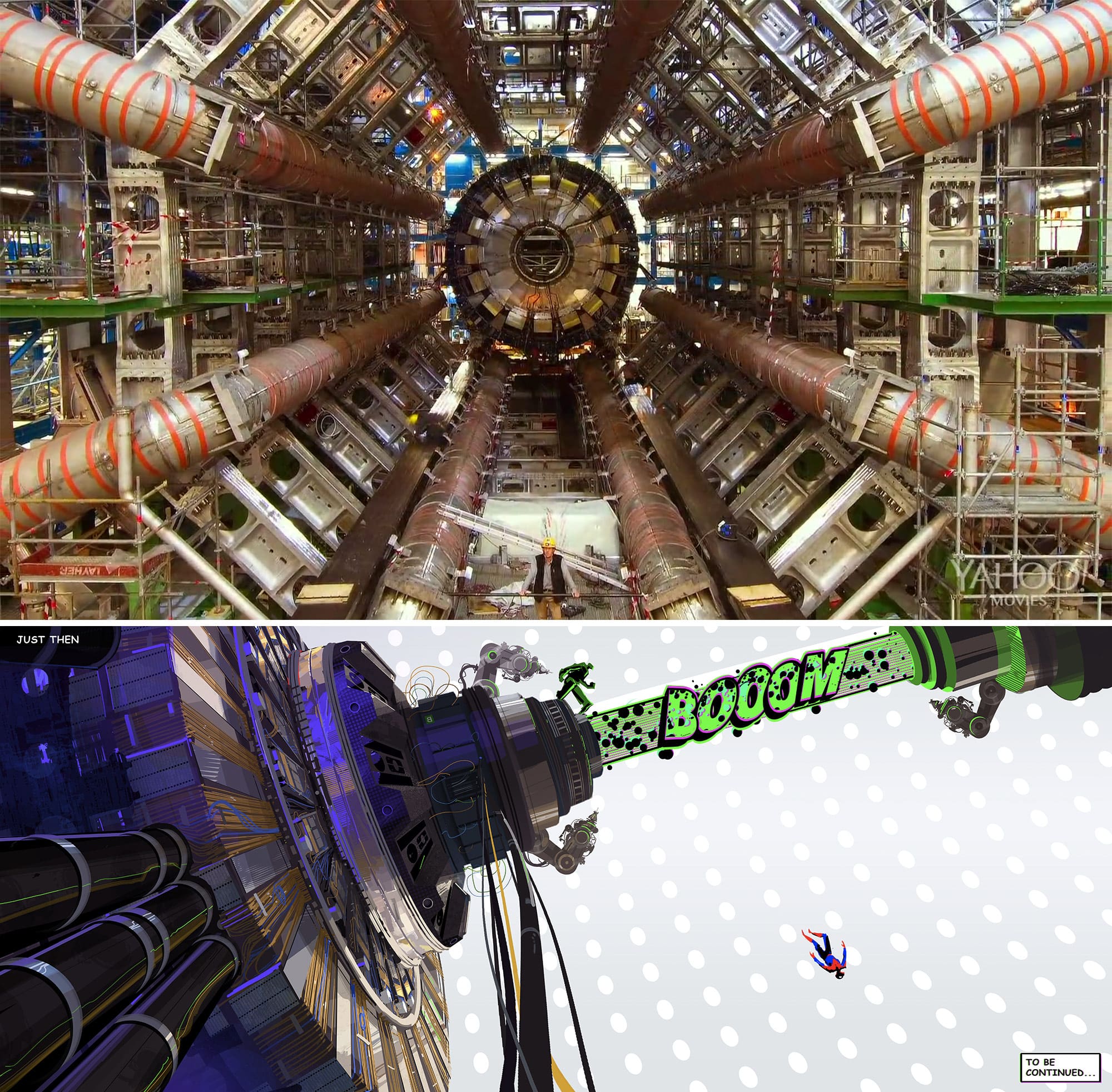 Women scientists in documentaries like "Particle Fever" (top) inspired the character of Doc Ock and the visual imagery of the technology in the film, as seen in the bottom concept painting by Patrick O'Keefe.