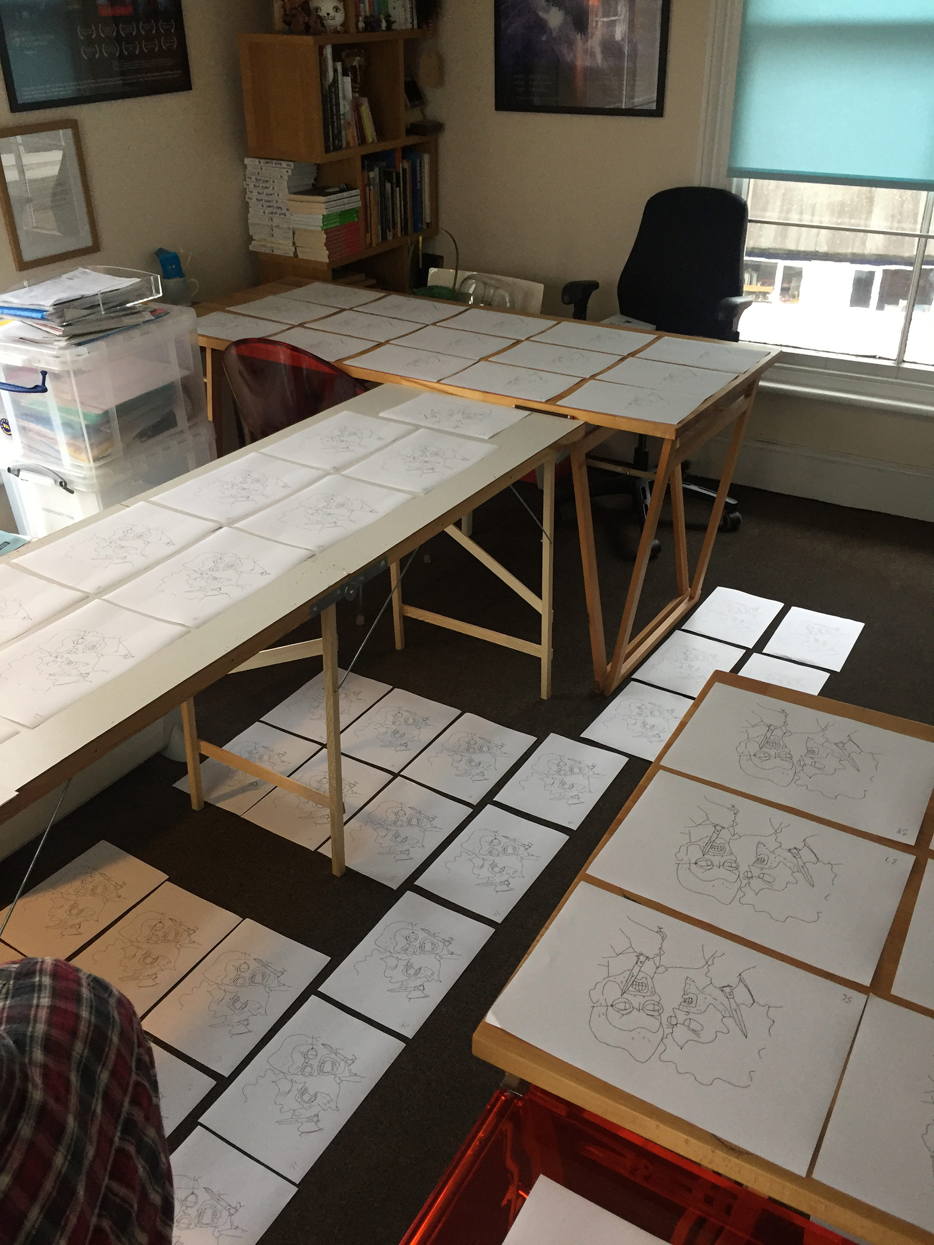 Animation drawings from "Marfa" lined up to be watercolored.