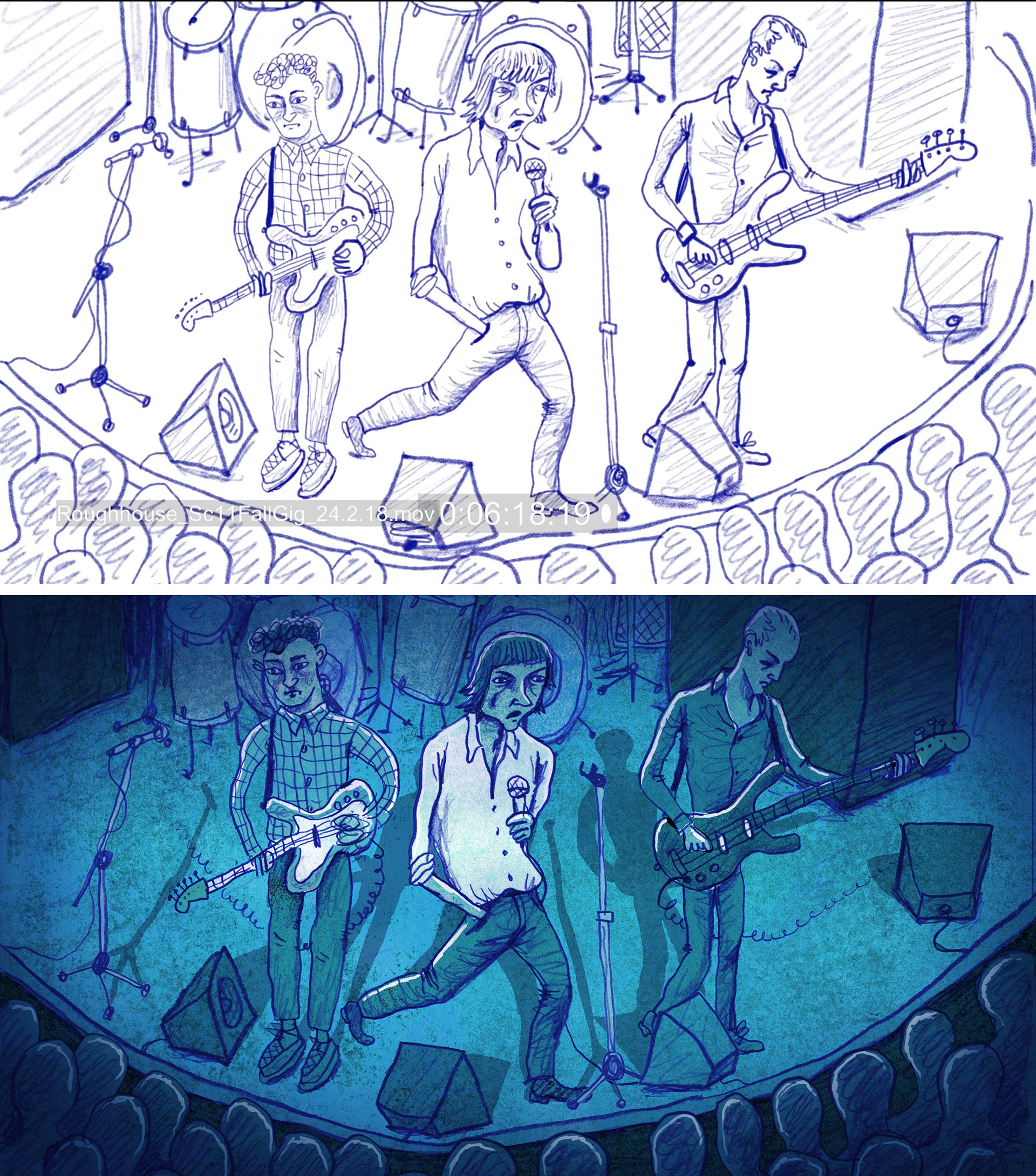 Animation line test (top) and finished still from "Roughhouse."
