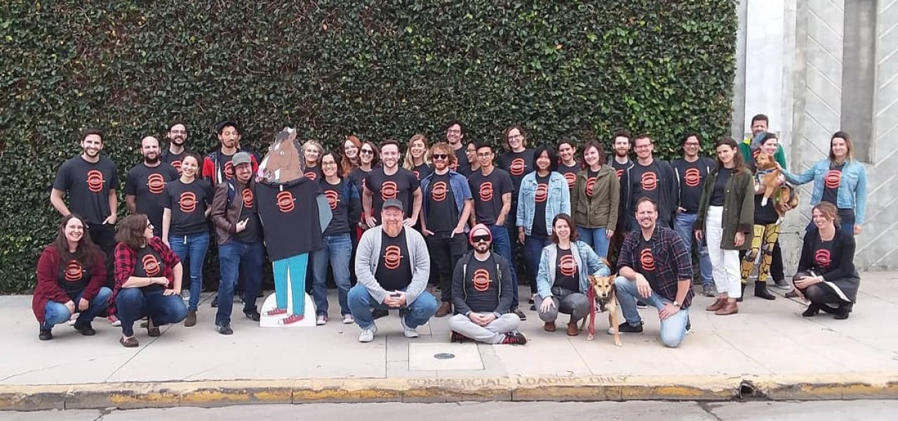 The "Bojack Horseman" crew wearing Animation Guild t-shirts outside Shadowmachine.