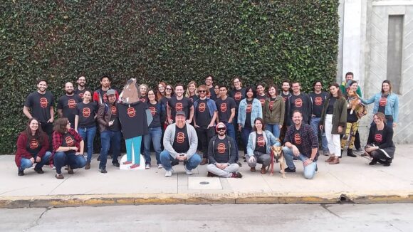 The "Bojack Horseman" crew wearing Animation Guild t-shirts outside Shadowmachine.