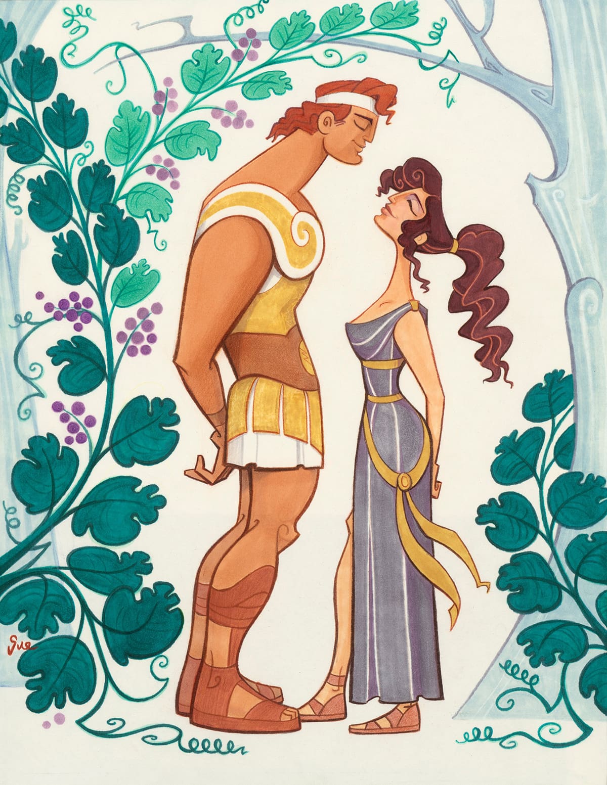 Development drawing by Nichols for "Hercules." On the film, Nichols supervised the look of the film as it went through the production process, assuring consistency in layout, animation, color styling and effects.