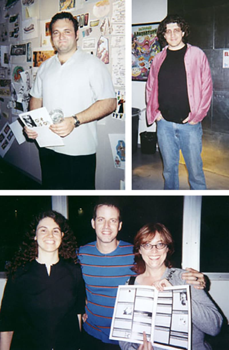 Opening night party at Cartoon Network Studios, August 24, 2000. Clockwise from top left: Genndy Tartakovsky, Craig McCracken, Lynne Naylor, Chris Reccardi, Linda Simensky