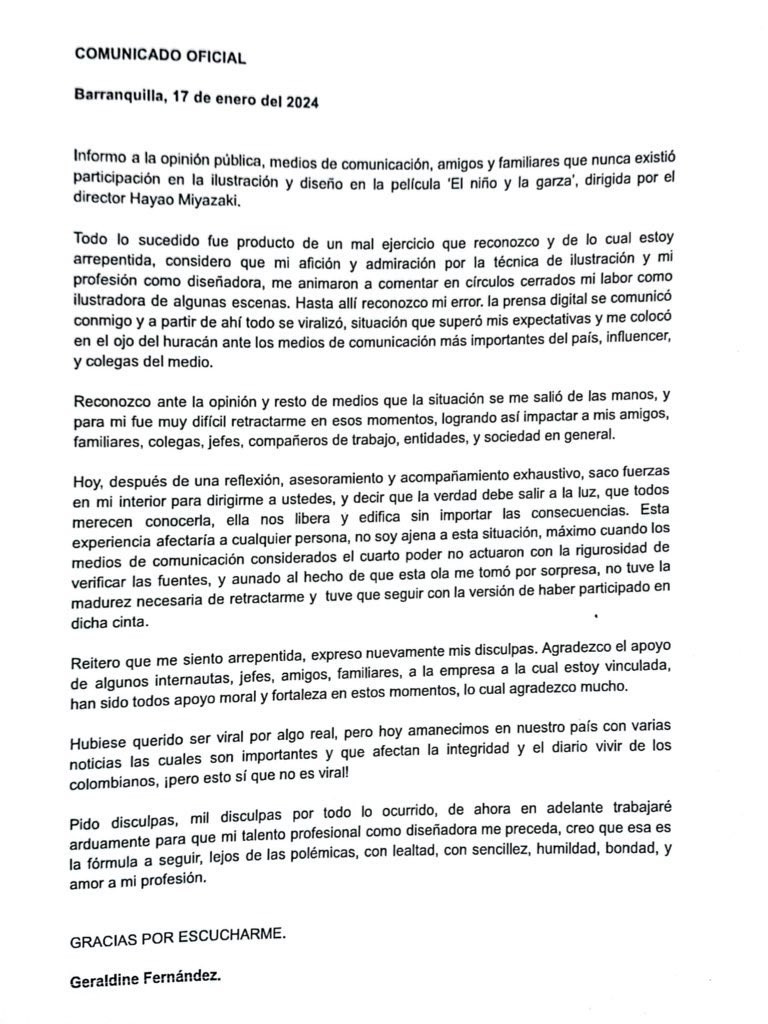 Geraldine Fernández Letter